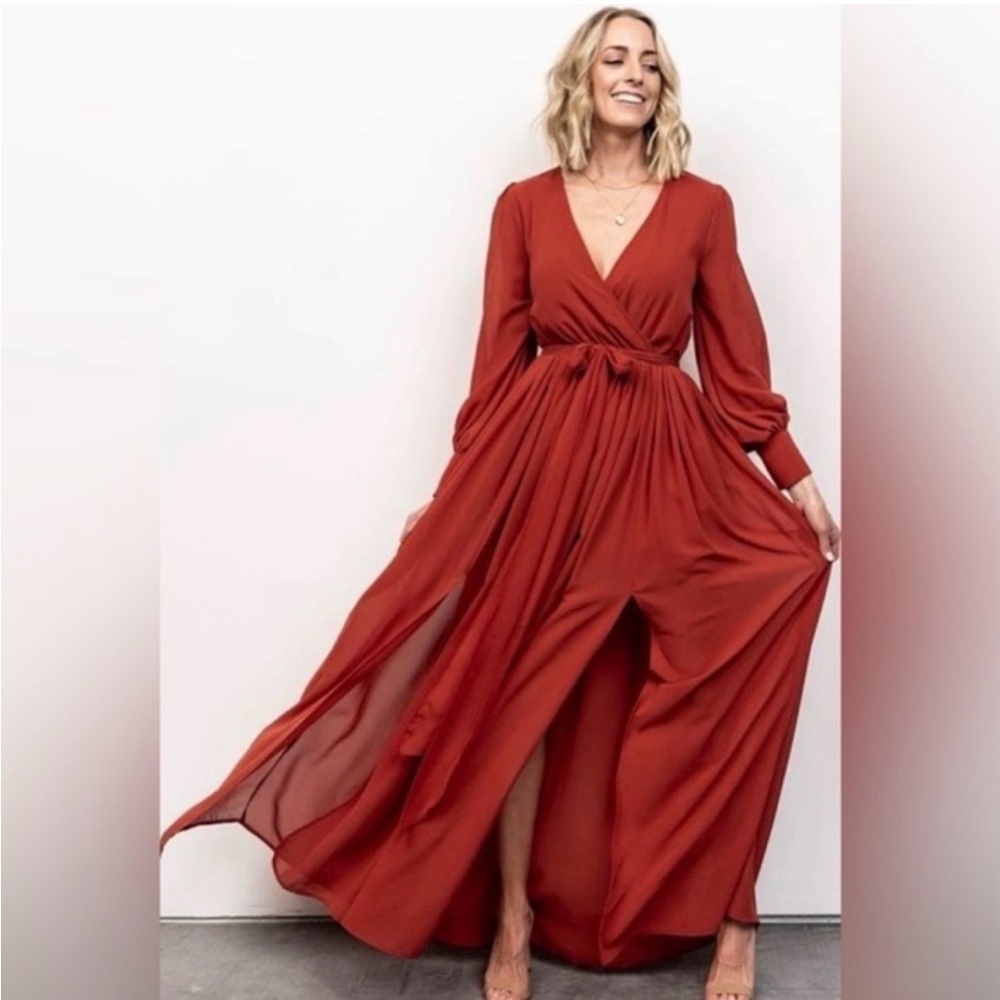 Baltic Born Celine Rust Red Wrap Maxi Dress with Bishop Sleeves